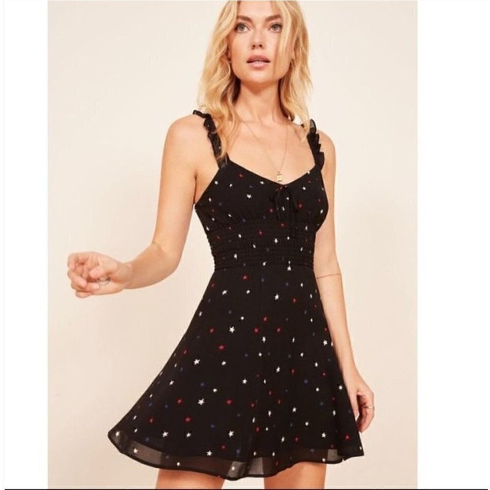 Reformation Elyse ASO Taylor Swift Star Ruffle Strap Mini Dress Black 4